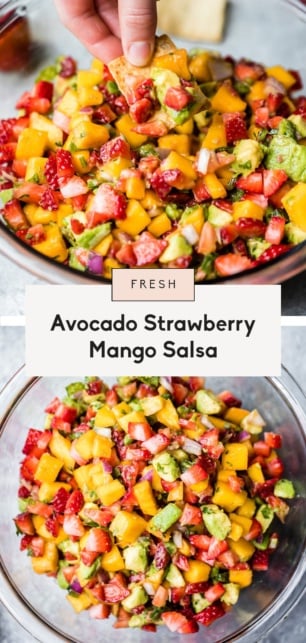 collage of a strawberry mango salsa