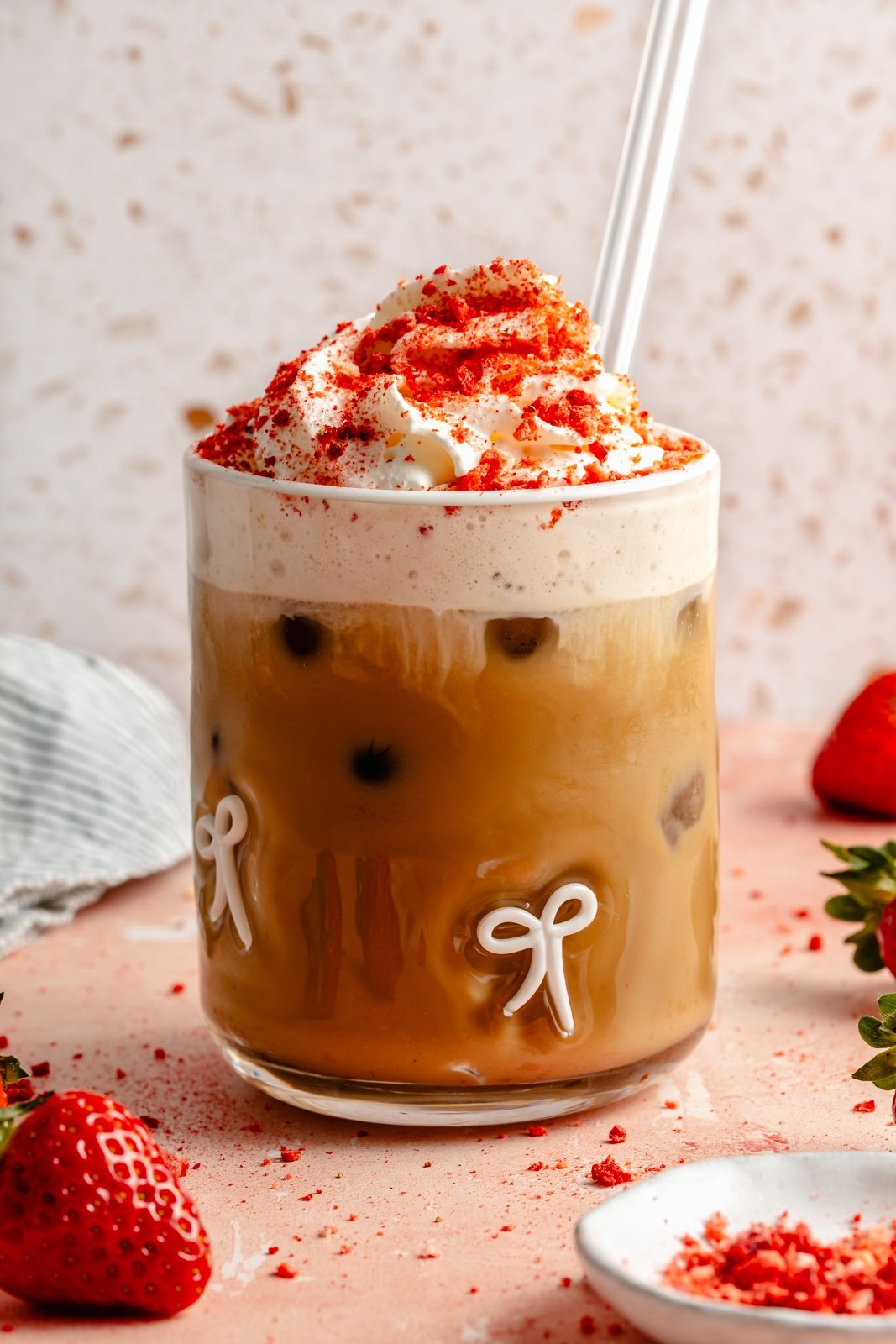 berry chantilly latte topped with whipped cream