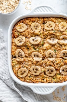 banana zucchini baked oatmeal in a pan