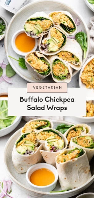 collage of buffalo chickpea salad wraps