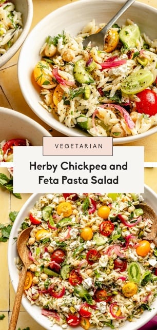 collage of an herby chickpea feta pasta salad