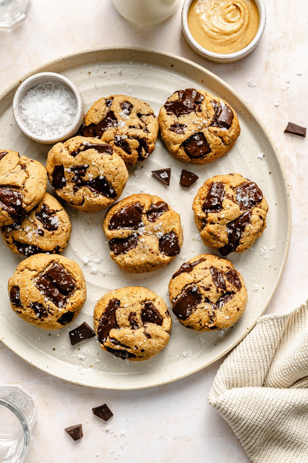 healthy peanut butter chocolate chunk cookies on a plate