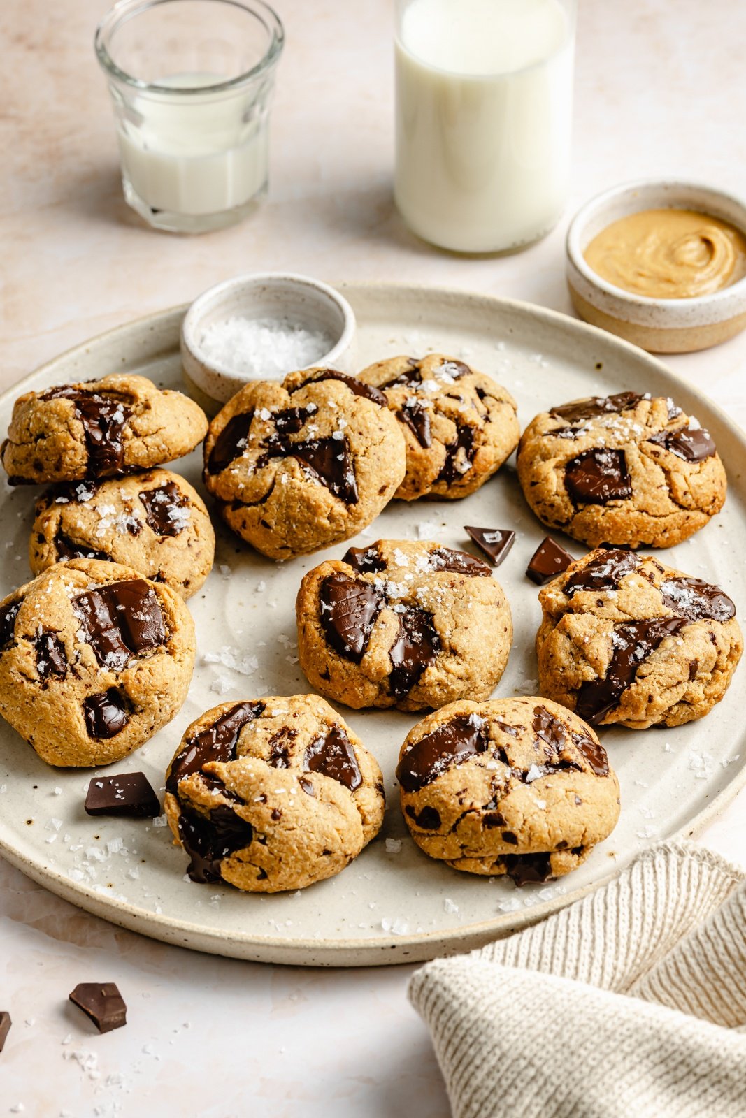 healthy peanut butter cookies with chocolate chunks on a plate