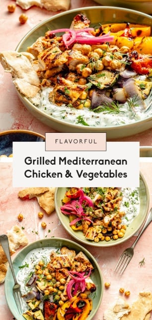collage of grilled mediterranean chicken and vegetables