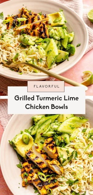 collage of grilled turmeric chicken bowls