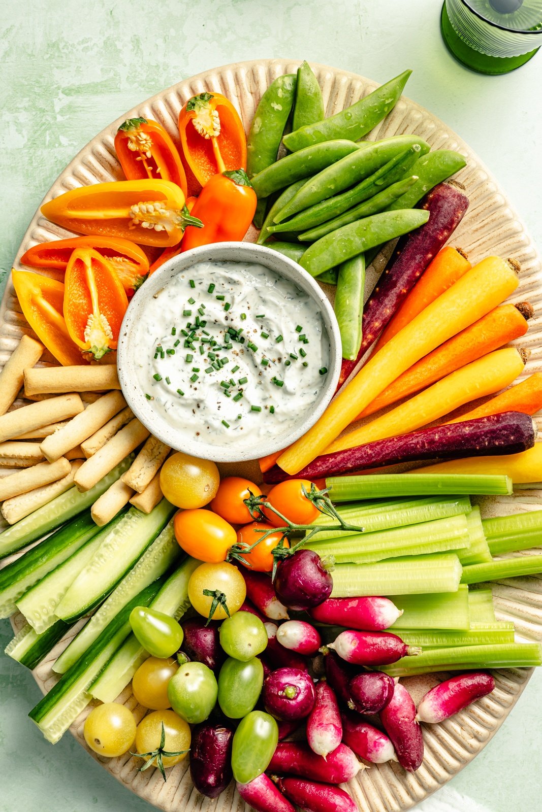 healthy ranch dressing on a platter with vegetables