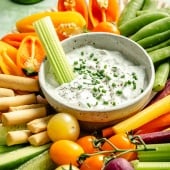 healthy ranch dressing on a platter of veggies