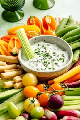 healthy ranch dressing on a platter of veggies