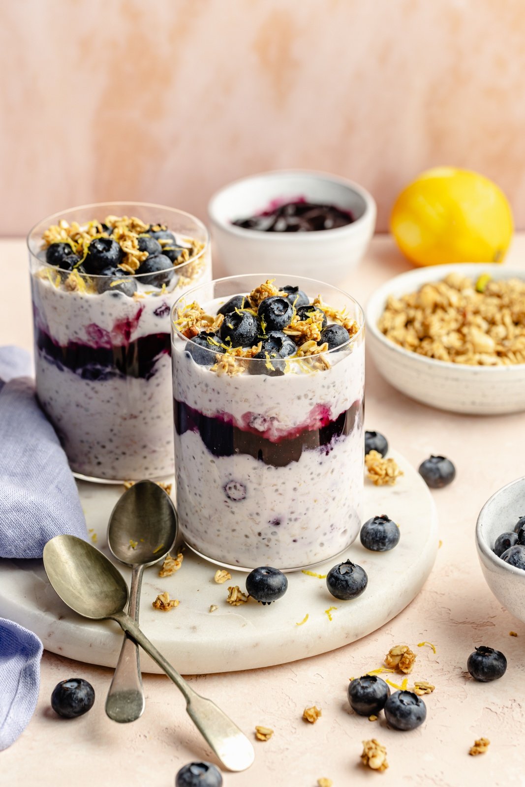 high-protein lemon blueberry overnight oats in jars