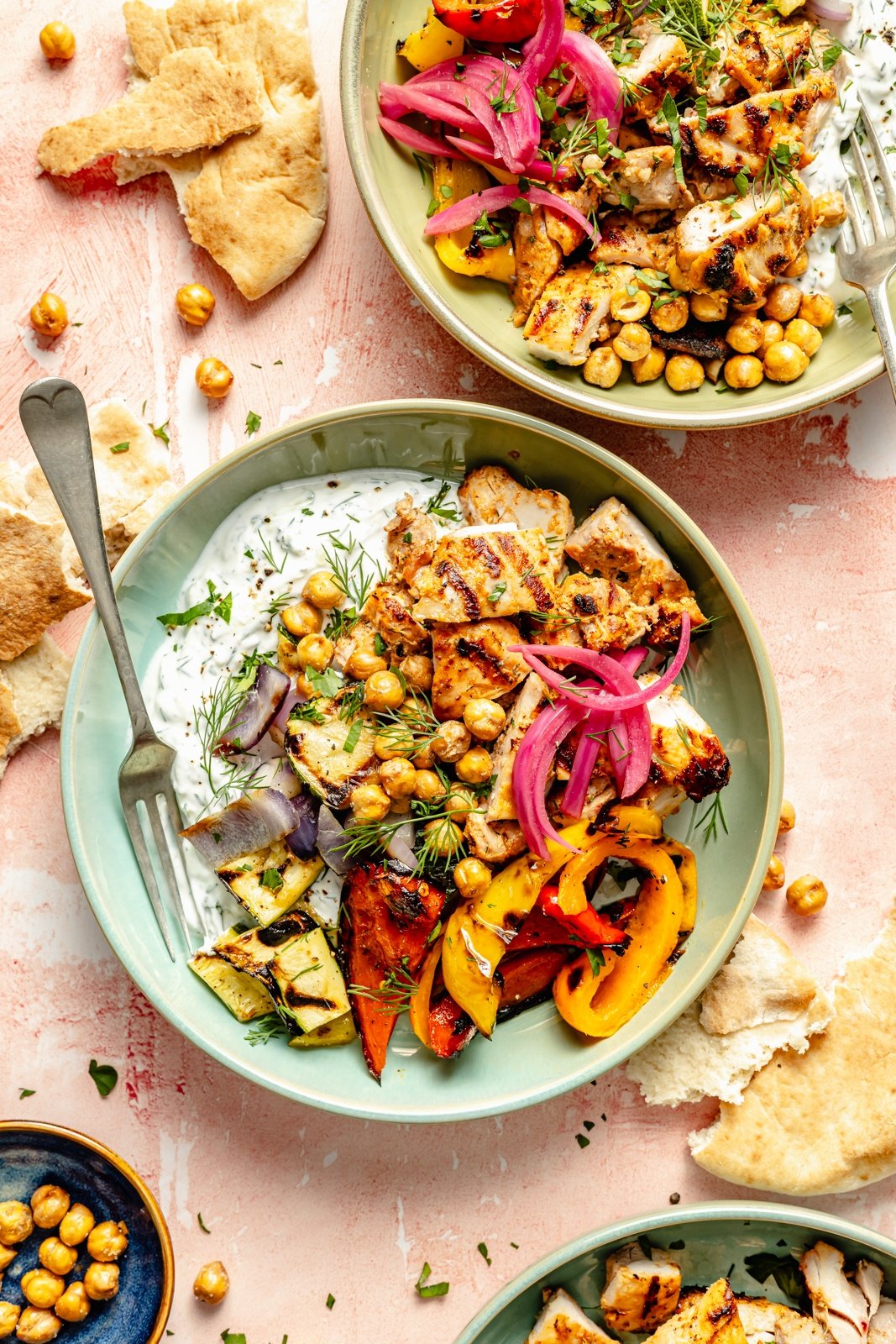 grilled mediterranean chicken and vegetables in a bowl