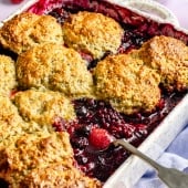 berry cobbler in a baking pan