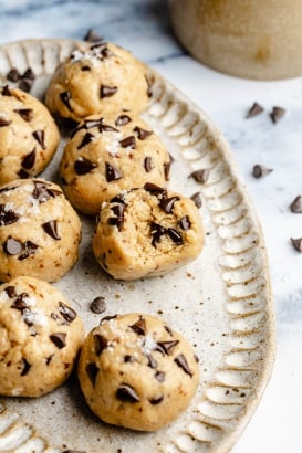 protein cookie dough bites on a platter