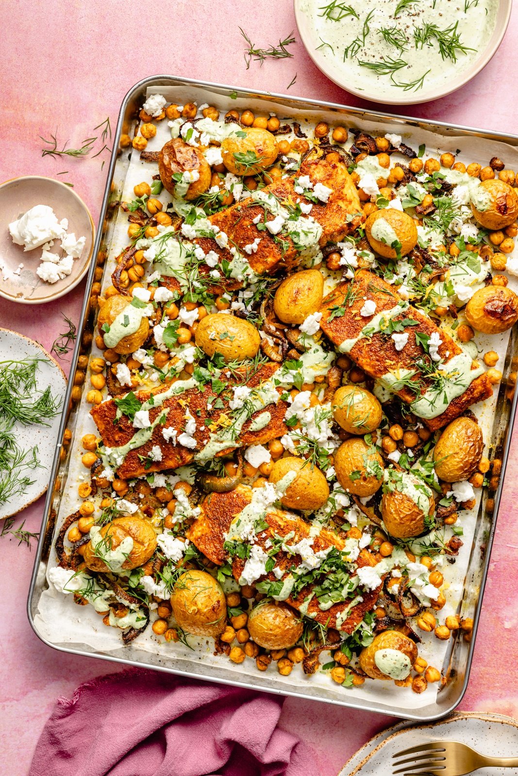 sheet pan salmon with potatoes and chickpeas