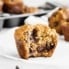 Healthy banana chocolate chip muffins with a bite taken out