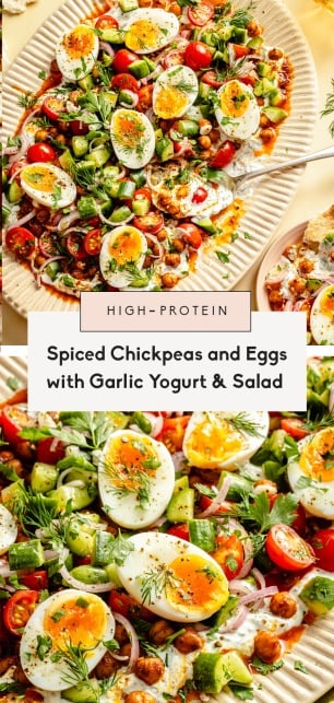 collage of spiced chickpeas and eggs
