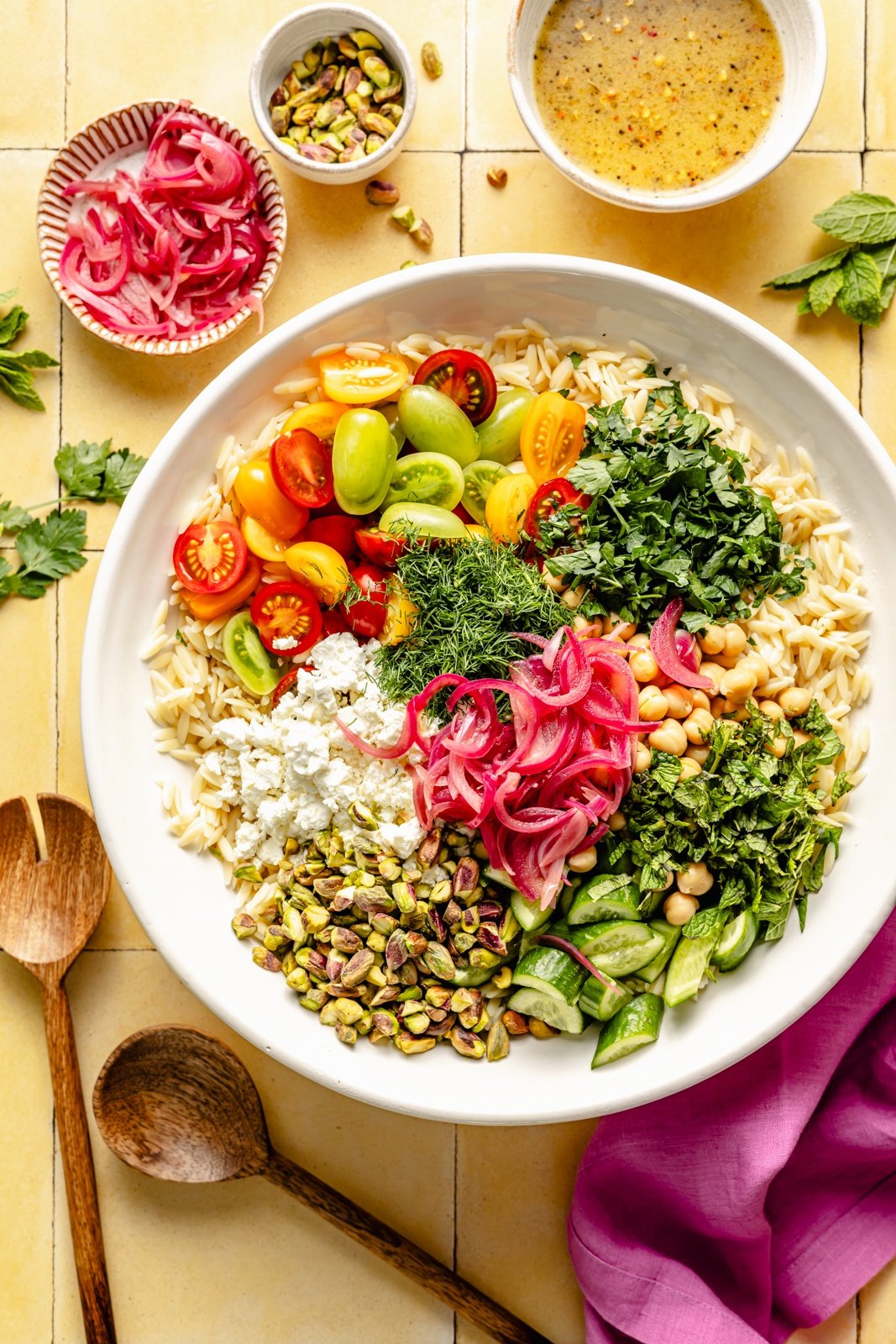 ingredients for the viral Jennifer Anniston pasta salad in a bowl