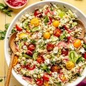 chickpea and feta pasta salad in a bowl