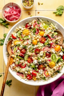 chickpea and feta pasta salad in a bowl