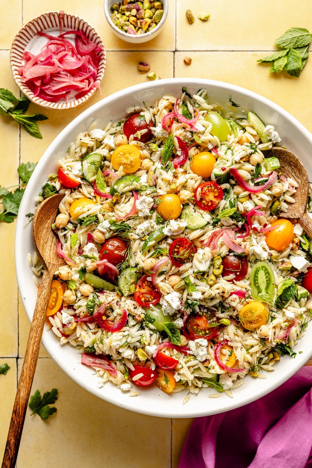 chickpea and feta pasta salad in a bowl