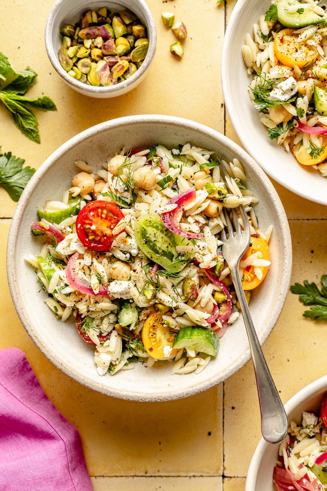 chickpea and feta pasta salad in a bowl