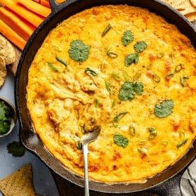 white bean buffalo dip in a skillet