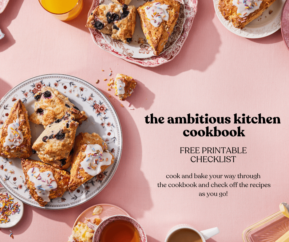 the ambitious kitchen cookbook checklist graphic over a photo of scones