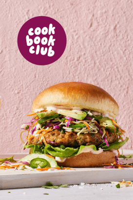 chile lime burgers with a cookbook club logo over top